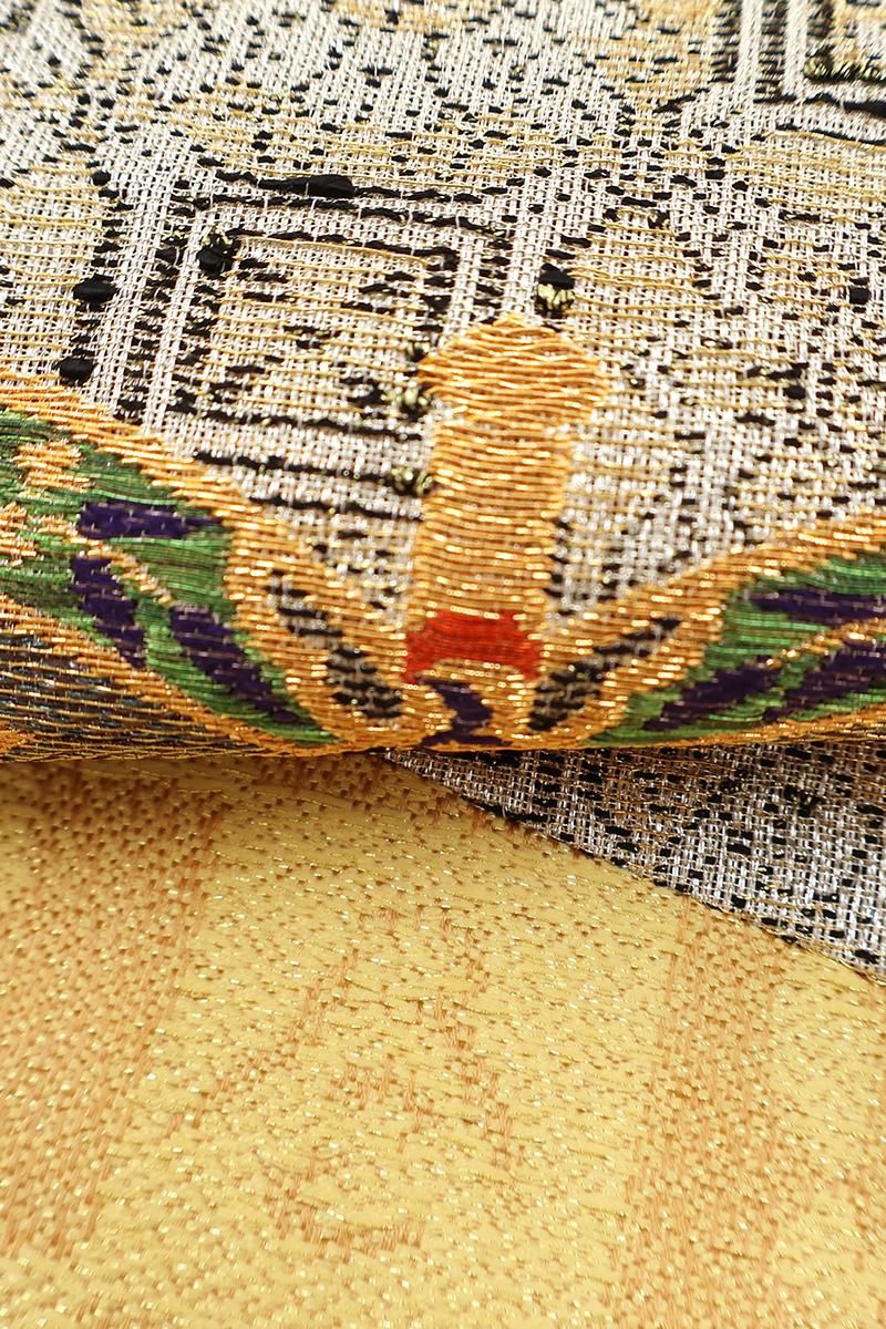 銀座【H-0880】西陣 誉田屋源兵衛 織名古屋帯 鬱金色 軍配の図（紙札付