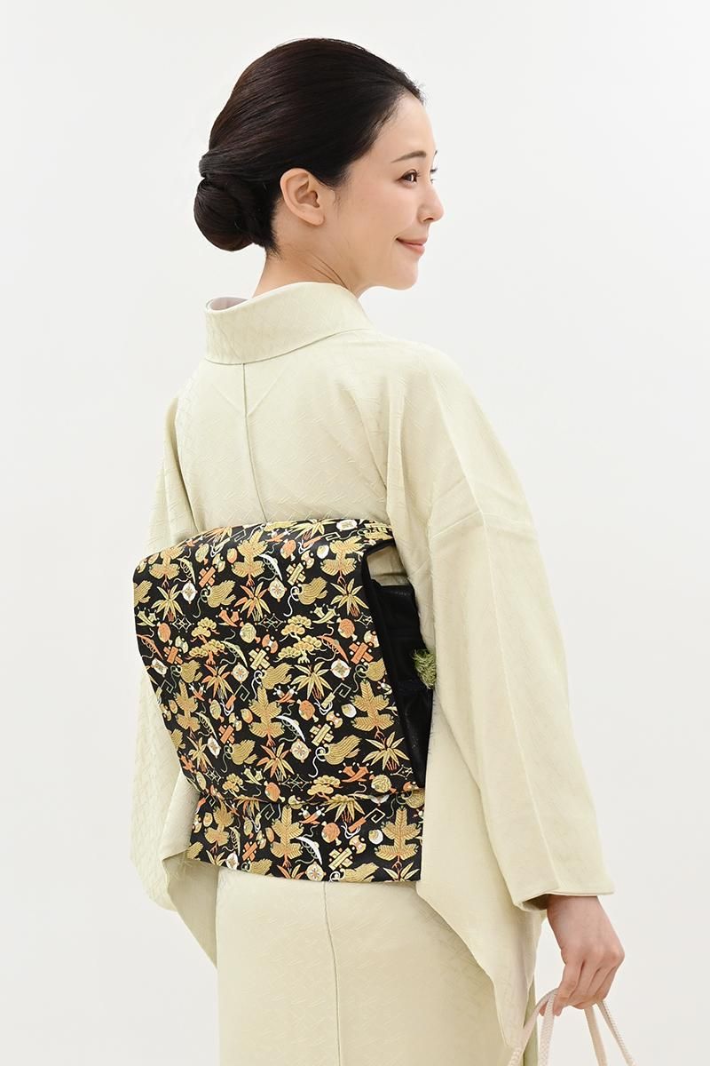 袋帯　月　満月　半月　霞　市松模様　膨れ織　着物　003k 銀座【L-8577】袋帯 蝋色 宝尽くし文（ゑり善扱い） - 銀座きもの青木