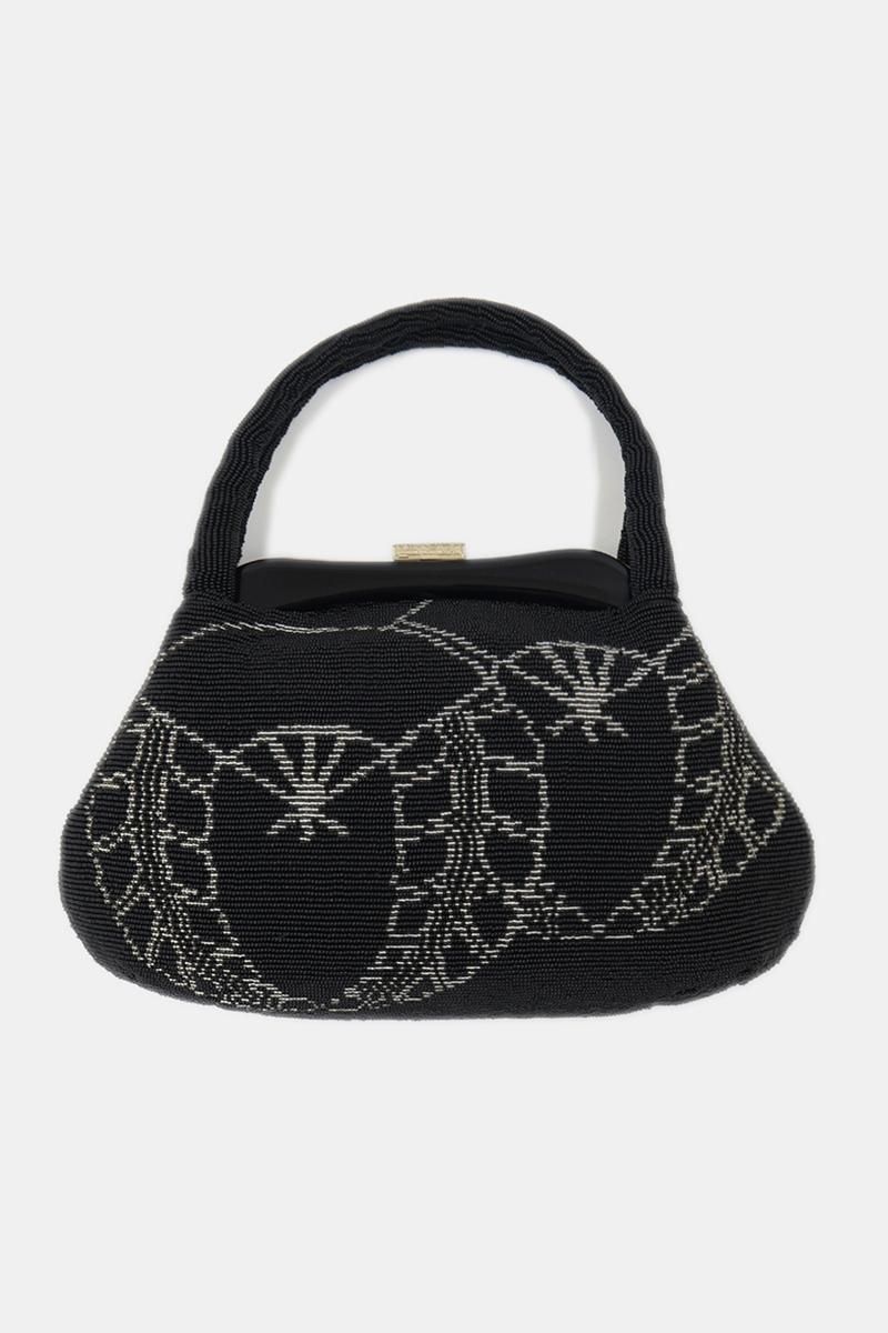 銀座【G-3394】ビーズ刺繍 バッグ 扇に下り藤文 黒色 - 銀座きもの青木