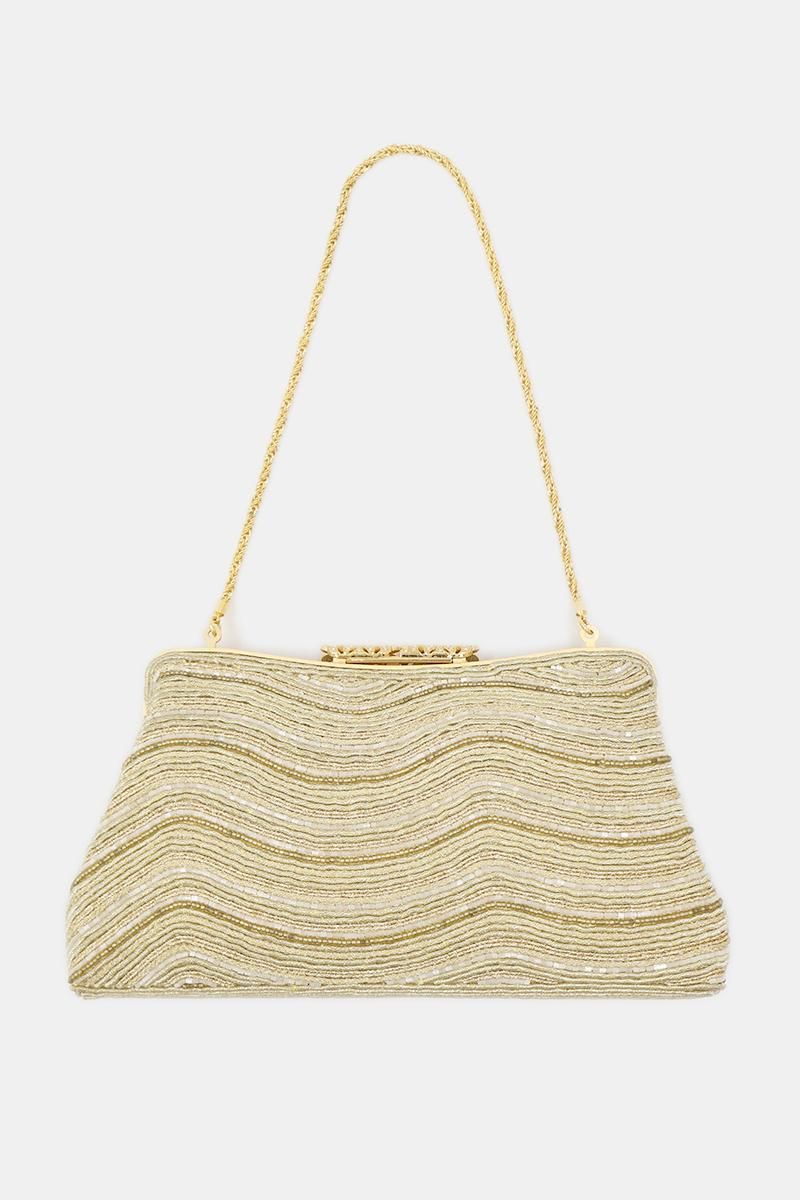 銀座【G-3395】ビーズ刺繍 バッグ 白茶色 抽象文（ミラー付） - 銀座