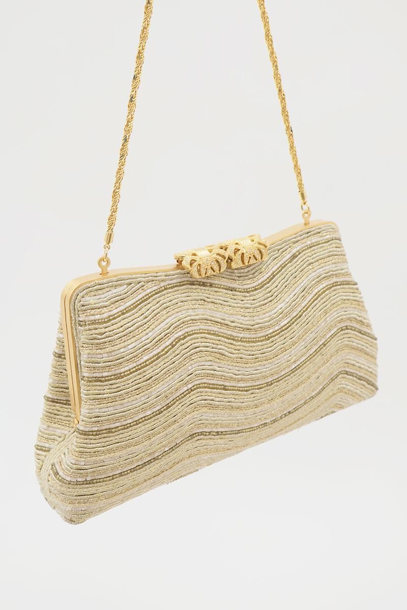 銀座【G-3395】ビーズ刺繍 バッグ 白茶色 抽象文（ミラー付） - 銀座