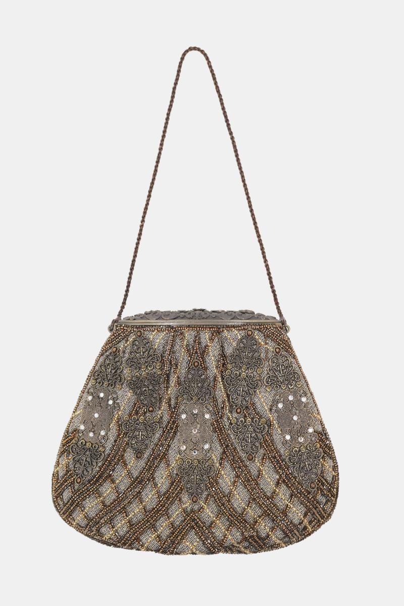 銀座【G-3397】ルミーはしもと製 ビーズ刺繍 バッグ 装飾文 薄墨色