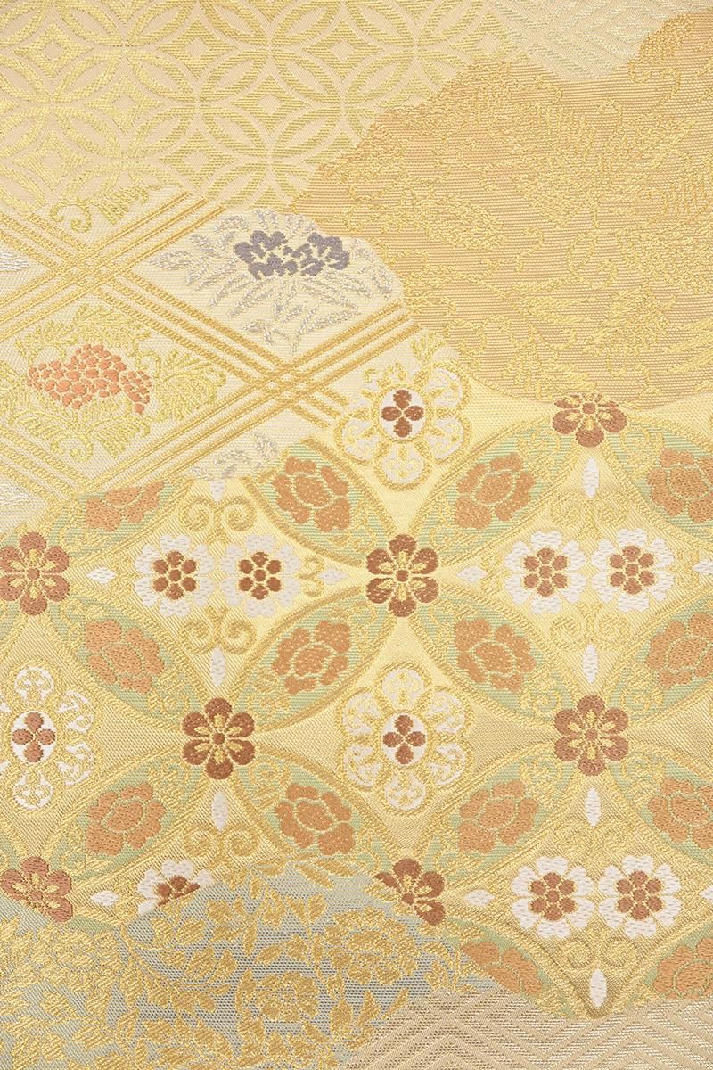 銀座【L-8595】西陣 川島織物製 本袋帯 金色 渡来金華文（証紙付・落款