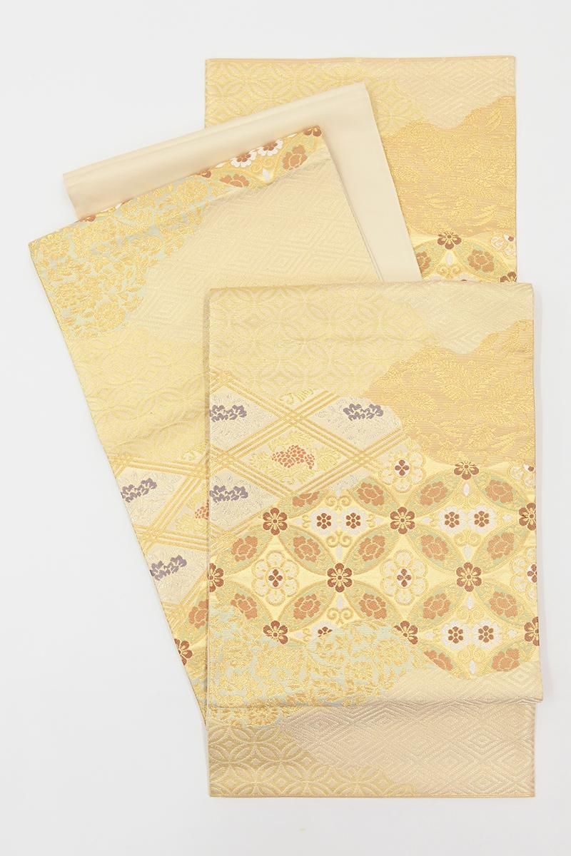 銀座【L-8595】西陣 川島織物製 本袋帯 金色 渡来金華文（証紙付・落款