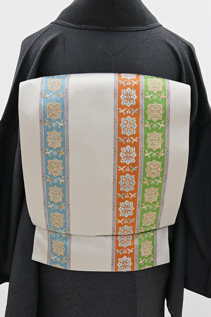 銀座【L-8598】たつむら製 本袋帯 絹鼠色 花鳥長斑錦（落款入） - 銀座