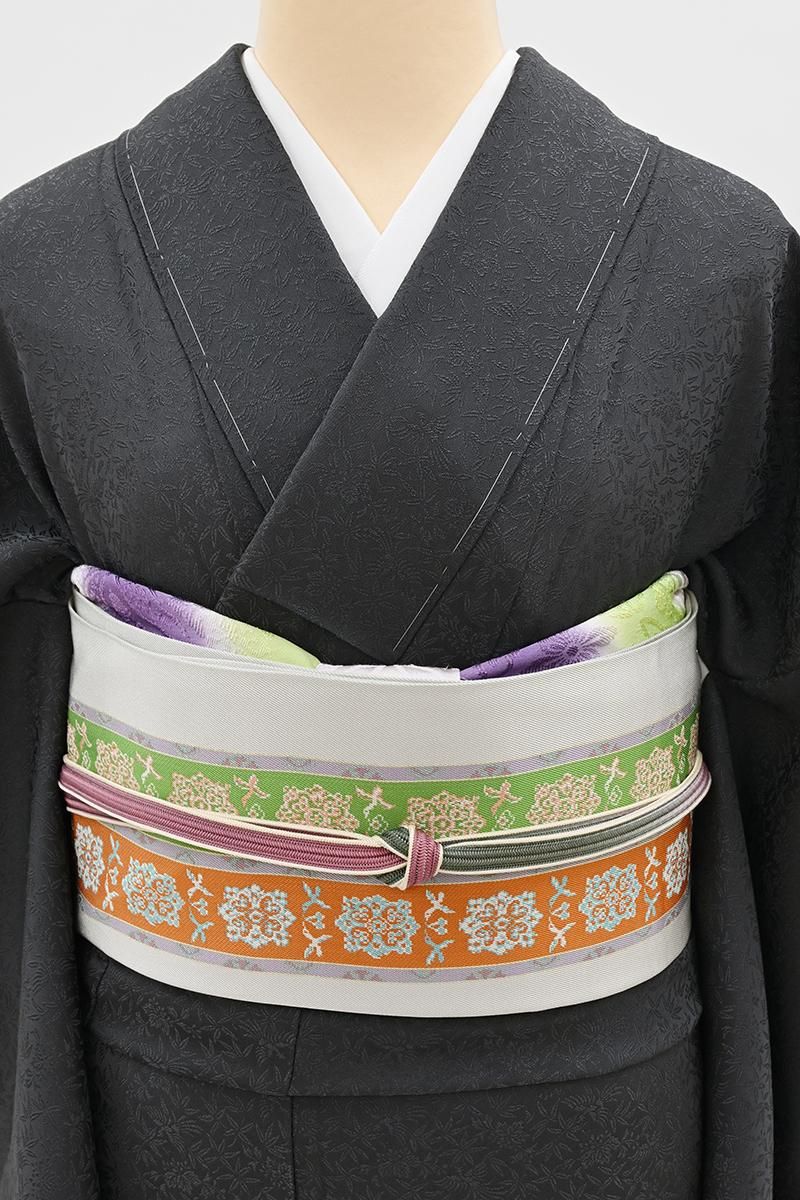 銀座【L-8598】たつむら製 本袋帯 絹鼠色 花鳥長斑錦（落款入） - 銀座