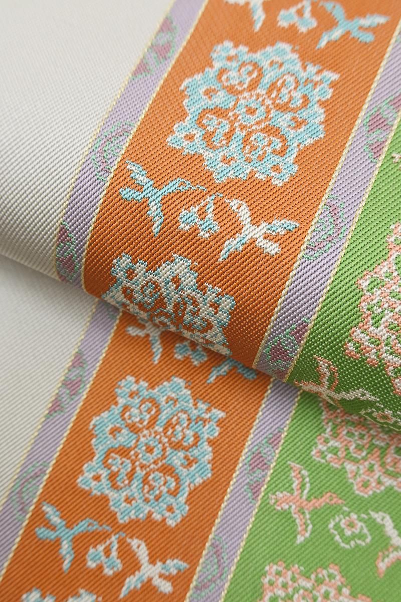 銀座【L-8598】たつむら製 本袋帯 絹鼠色 花鳥長斑錦（落款入） - 銀座