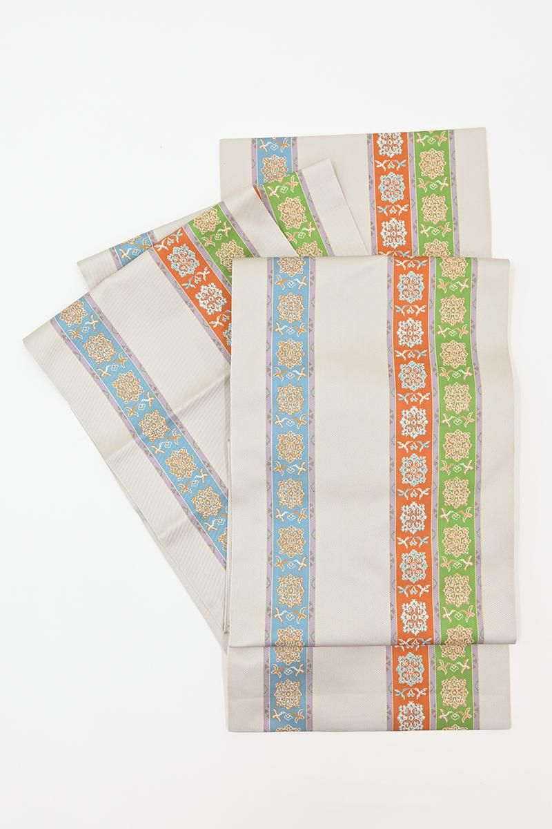 銀座【L-8598】たつむら製 本袋帯 絹鼠色 花鳥長斑錦（落款入） - 銀座