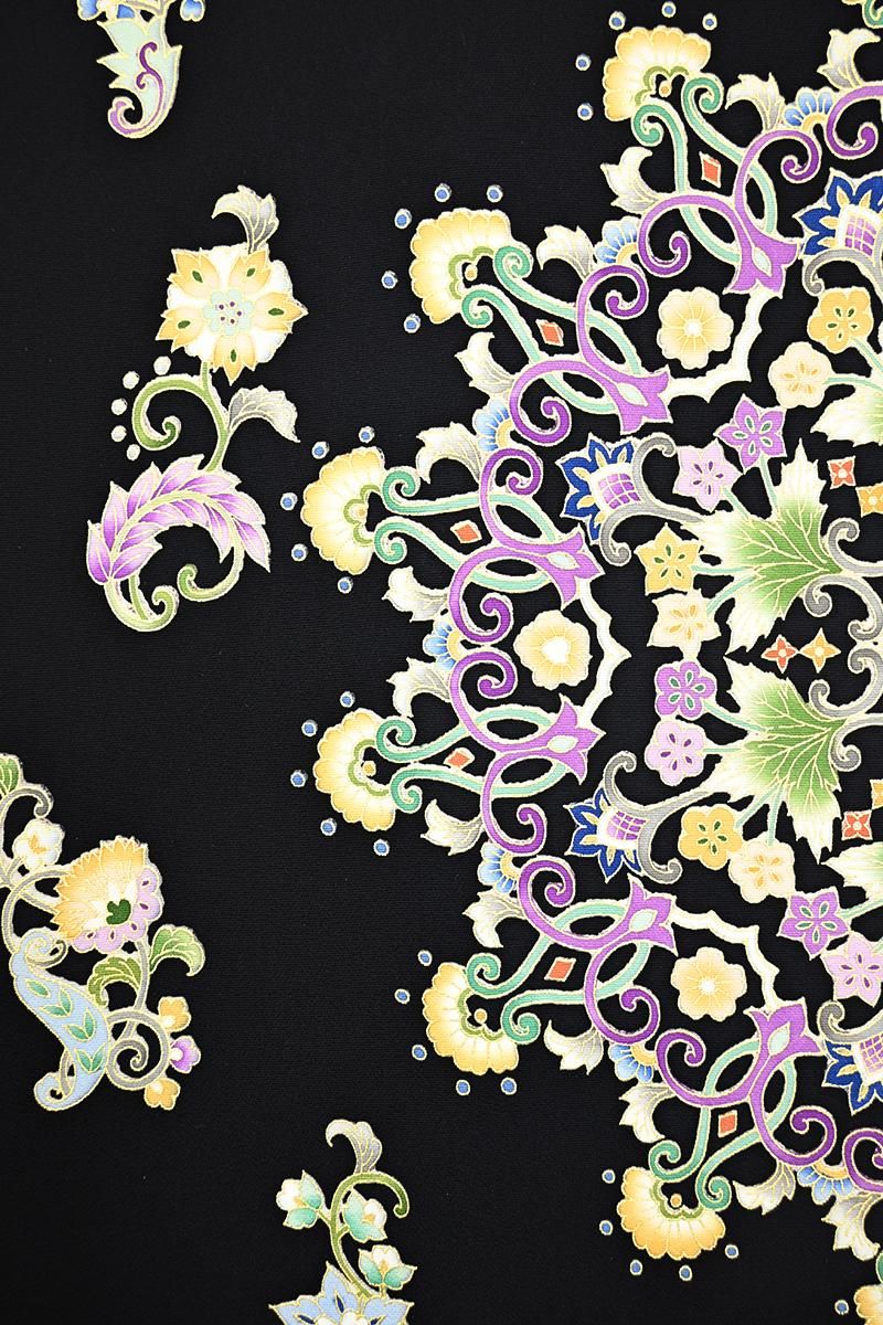 銀座【帯5838】岡重製 染名古屋帯 黒色 更紗文（新品 反端付) - 銀座