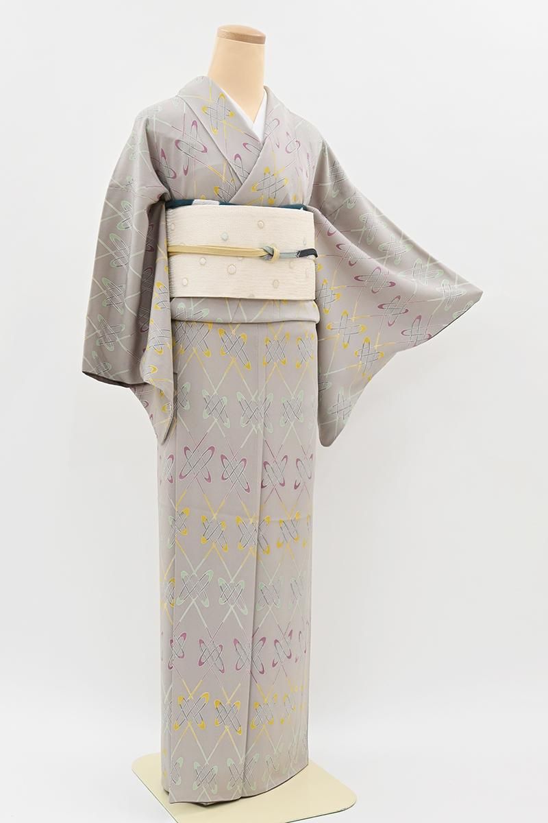銀座【D-3966】縮緬地 小紋 グレー 抽象文（反端付） :身丈156/裄65