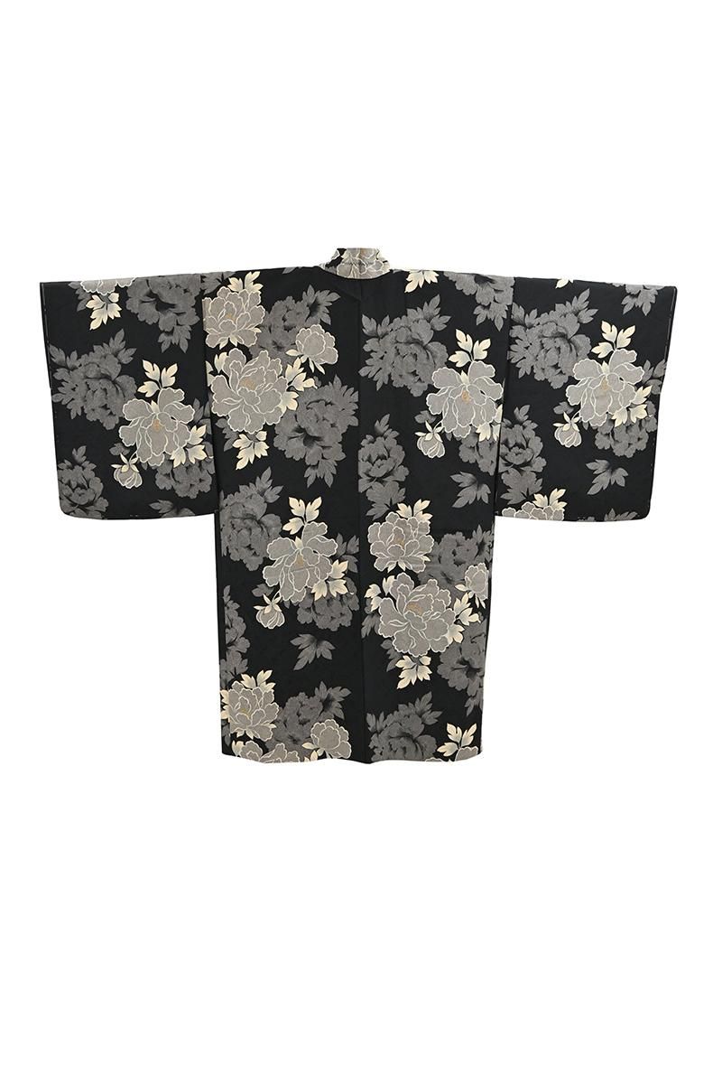 銀座【E-2372】羽織 黒色 牡丹の図（羽織紐付）:身丈92.5/裄66 - 銀座
