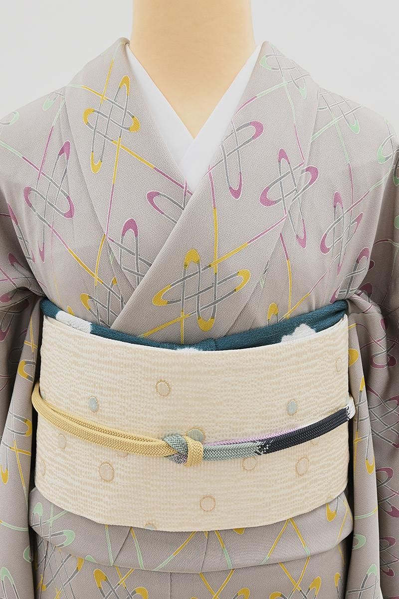 銀座【H-0888】西陣 織楽浅野製 織名古屋帯 白練色 丸文（銀座もとじ