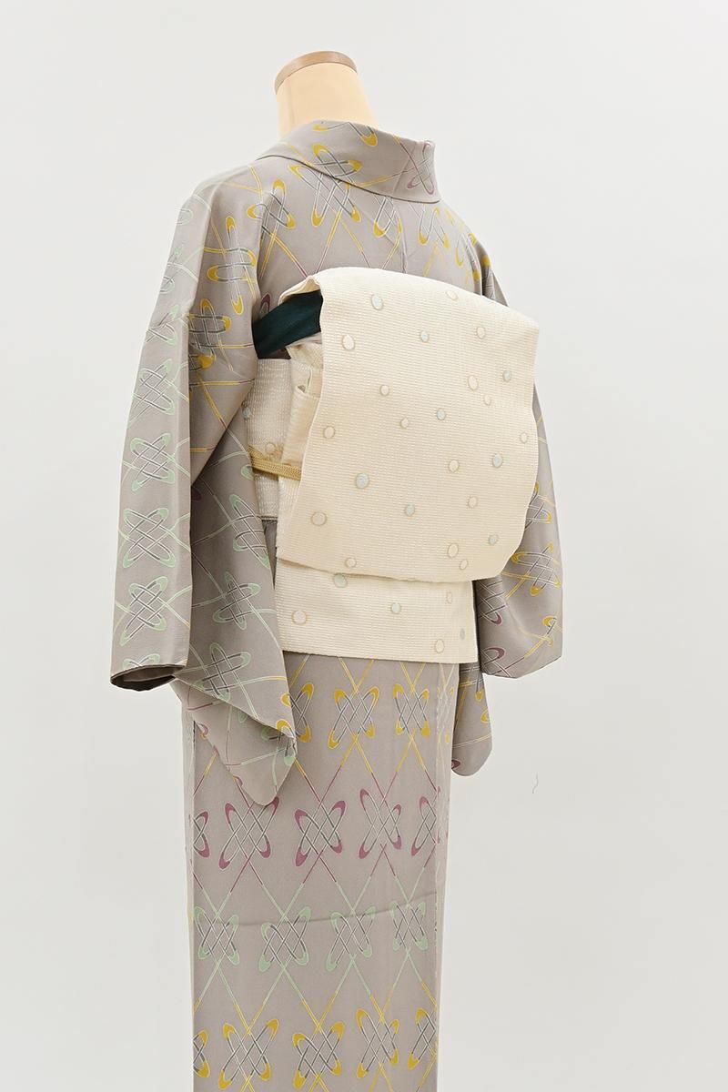 銀座【H-0888】西陣 織楽浅野製 織名古屋帯 白練色 丸文（銀座もとじ