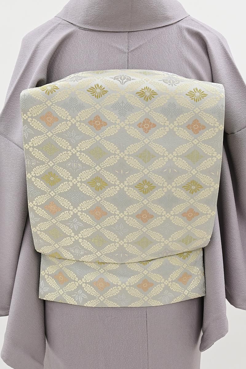 銀座【L-8601】西陣 陰山織物製 箔屋清兵衛 袋帯 絹鼠色 有職文（証紙