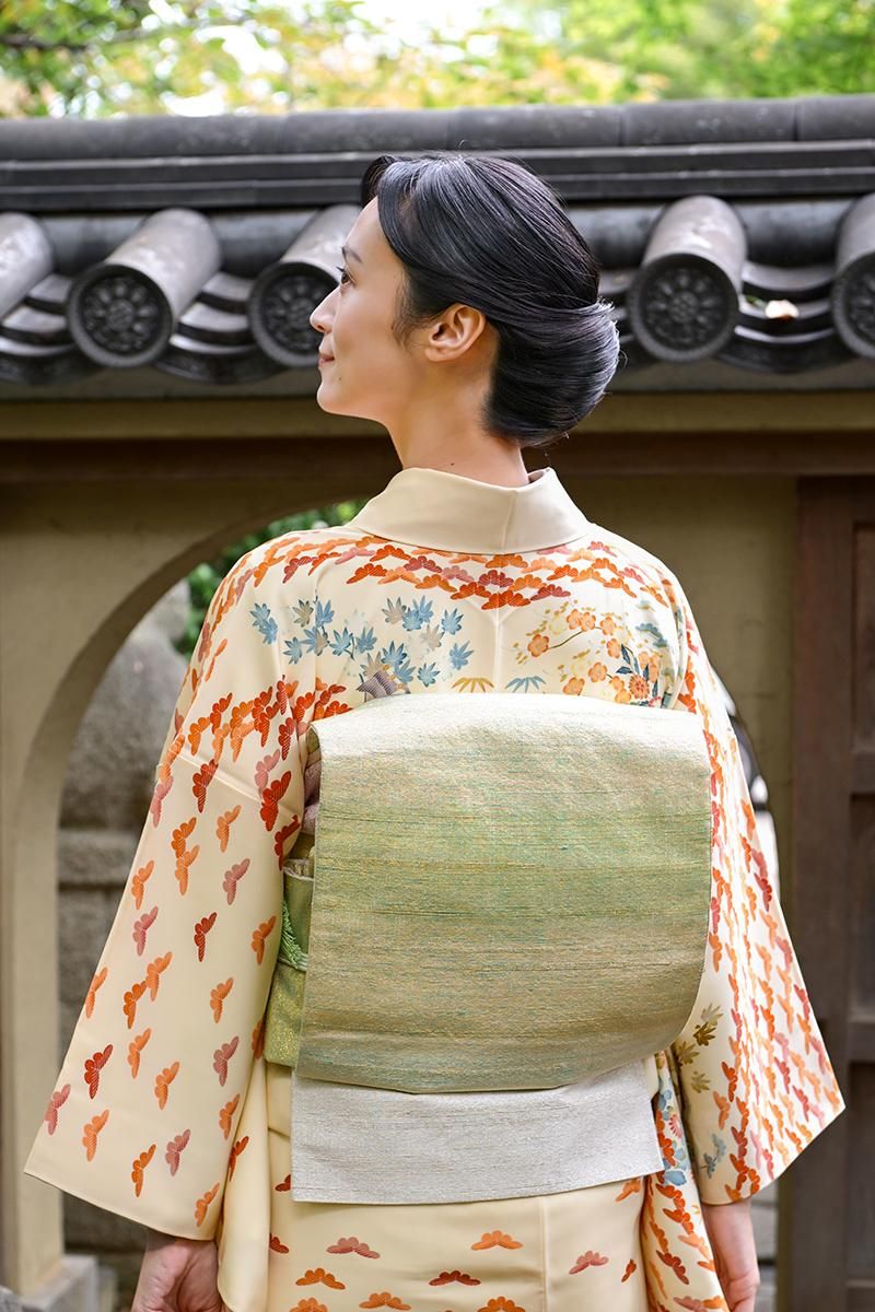 銀座【帯5853】西陣桝屋高尾製 ねん金綴錦 袋帯「板締段霞文」 - 銀座