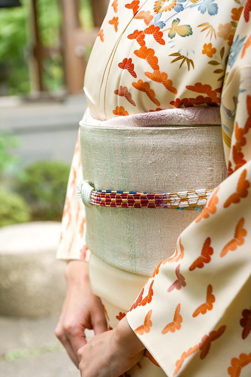 銀座【帯5853】西陣桝屋高尾製 ねん金綴錦 袋帯「板締段霞文」 - 銀座