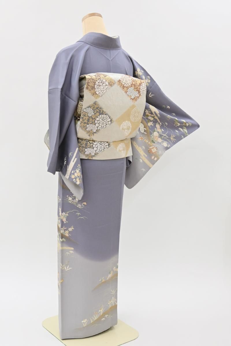 銀座【B-4366】訪問着 二藍色 四季花に宝尽くし文:身丈156.5/裄65