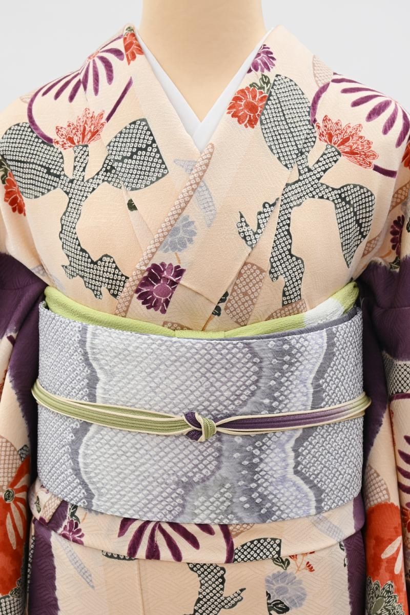 銀座【H-0889】藤娘 きぬたや製 絞り染め 名古屋帯 暁鼠色 雲文（ます