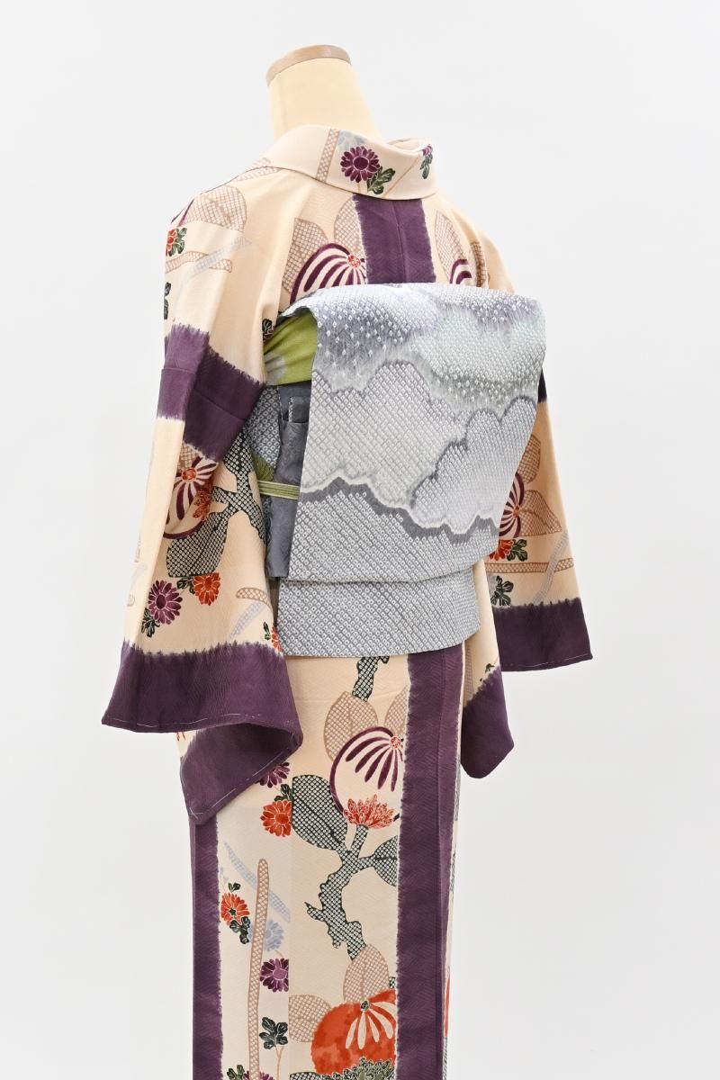 銀座【H-0889】藤娘 きぬたや製 絞り染め 名古屋帯 暁鼠色 雲文（ます