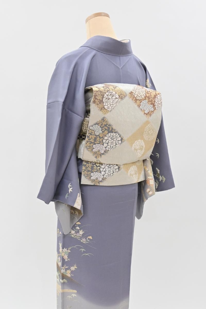 銀座【L-8603】袋帯 銀色 菱文（ますいわ屋扱い） - 銀座きもの青木