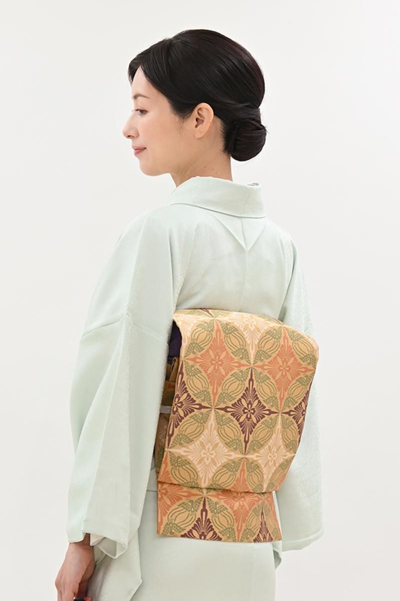 銀座【H-0883】人間国宝 喜多川平朗作 織名古屋帯 黄茶色 鳥襷丸文（栞