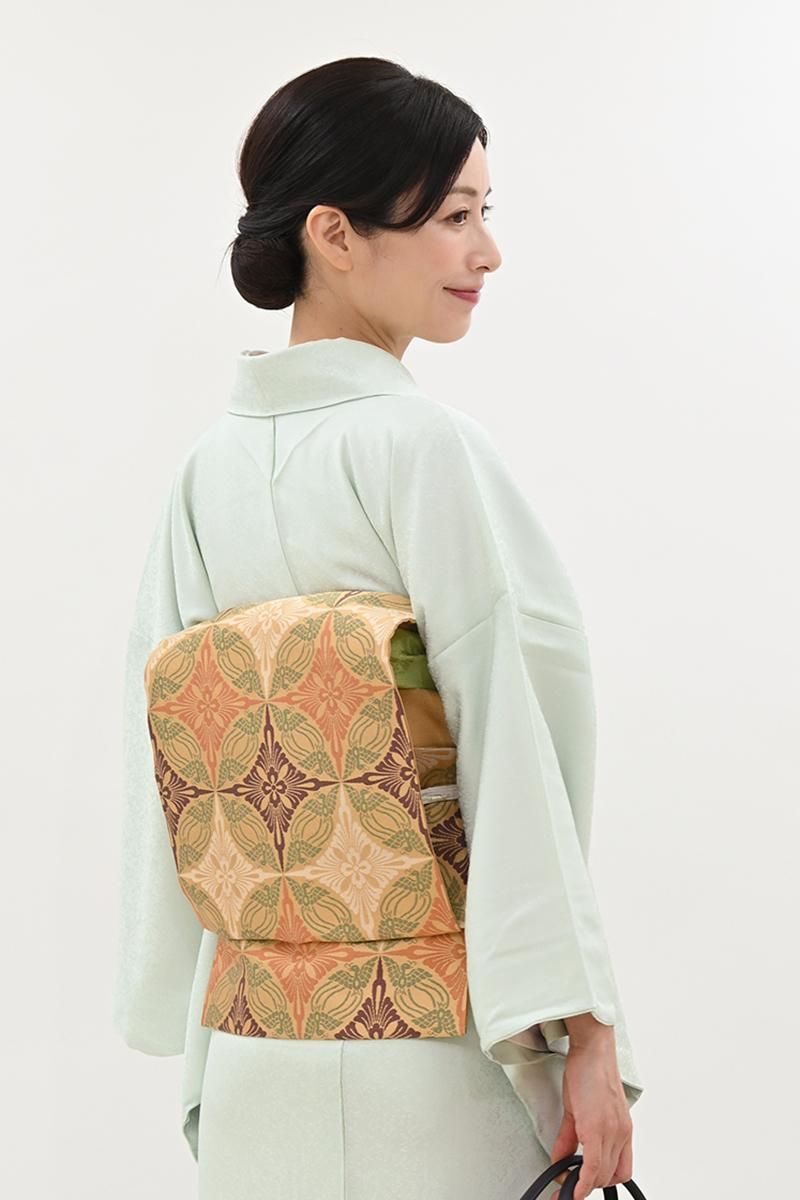 銀座【H-0883】人間国宝 喜多川平朗作 織名古屋帯 黄茶色 鳥襷丸文（栞