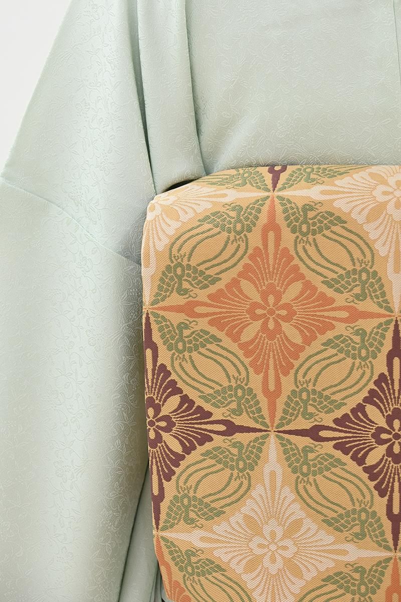 銀座【H-0883】人間国宝 喜多川平朗作 織名古屋帯 黄茶色 鳥襷丸文（栞