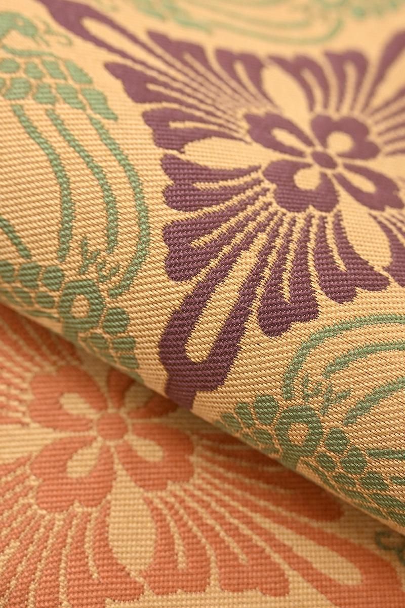 銀座【H-0883】人間国宝 喜多川平朗作 織名古屋帯 黄茶色 鳥襷丸文（栞