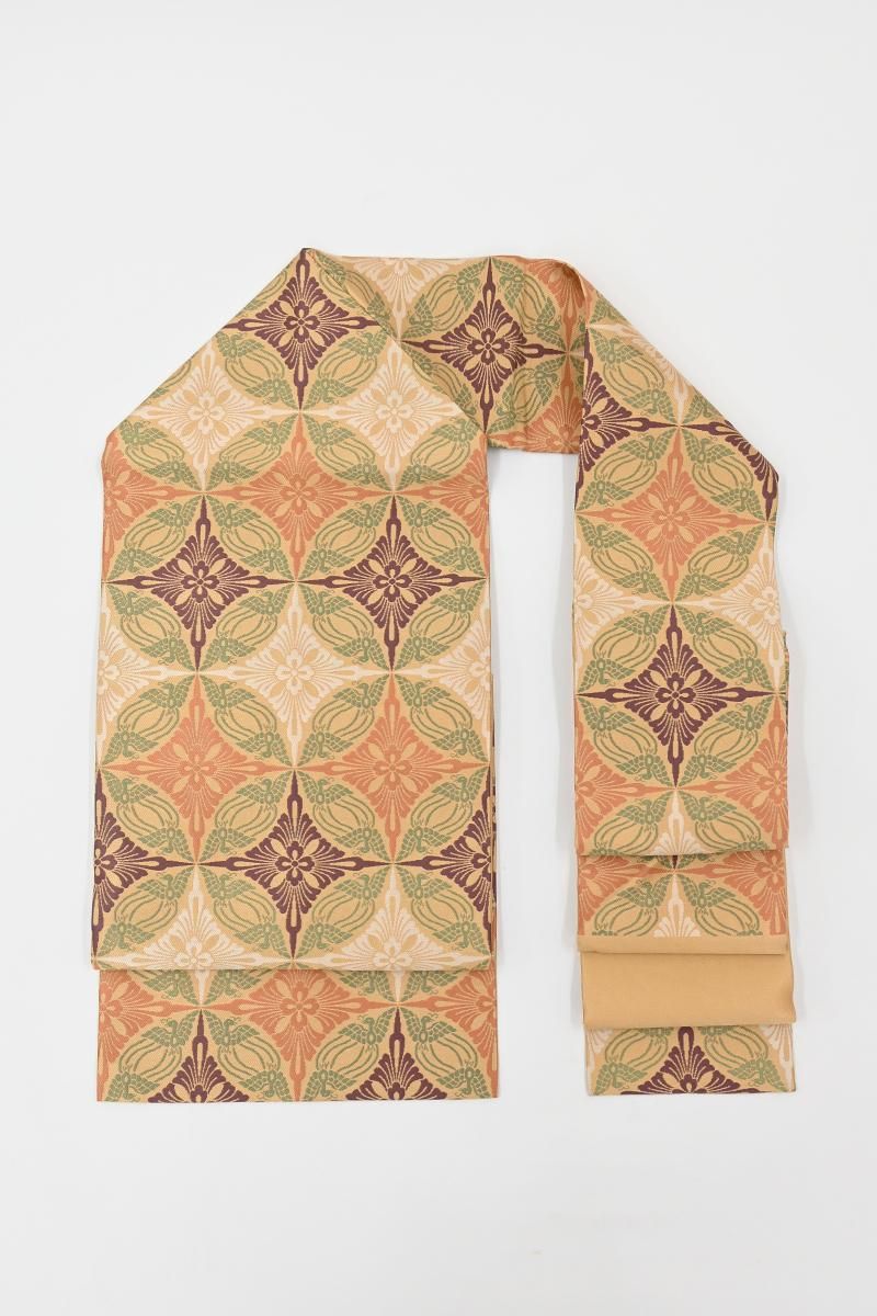 銀座【H-0883】人間国宝 喜多川平朗作 織名古屋帯 黄茶色 鳥襷丸文（栞