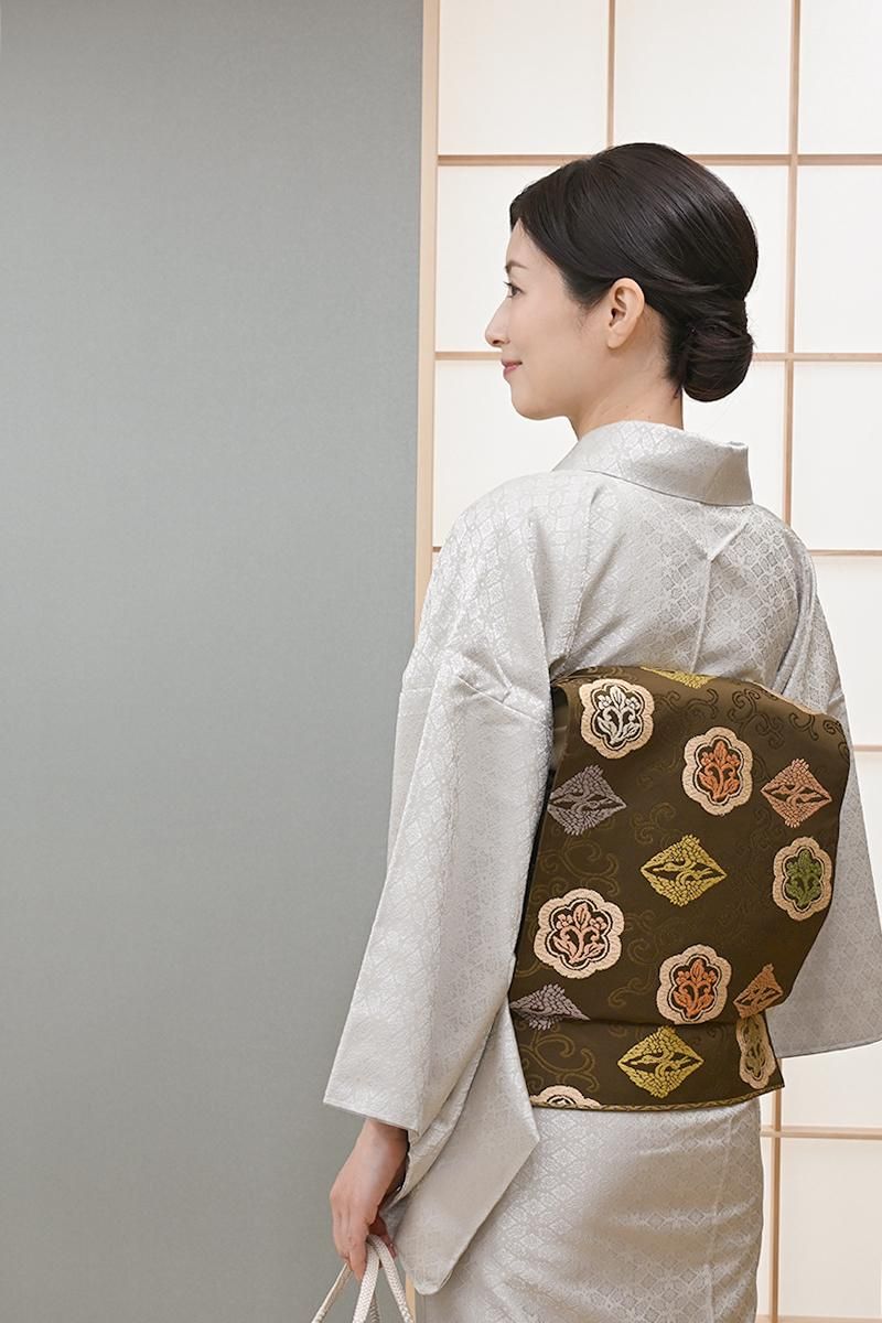 銀座【H-0885】織名古屋帯 吉岡染色 木瓜や向かい鶴文 - 銀座きもの