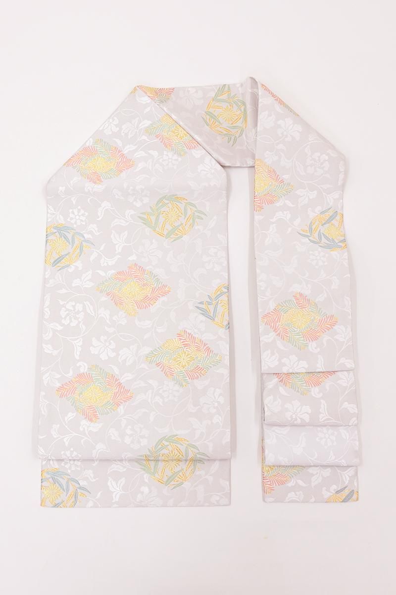 銀座【H-0886】西陣製 織名古屋帯 銀白色 笹や松文（証紙付）（N