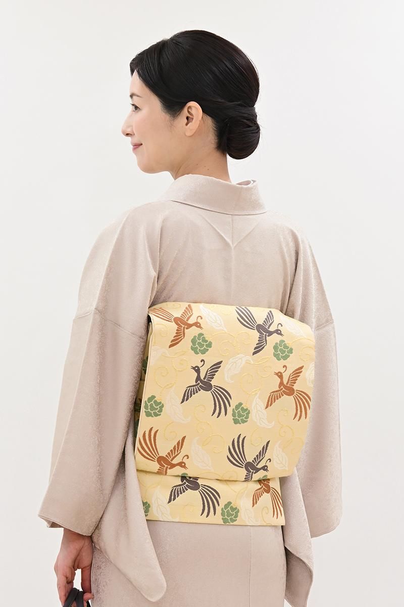 銀座【L-8590】人間国宝 喜多川俵二作 袋帯 浅黄色 鳳凰唐草の図