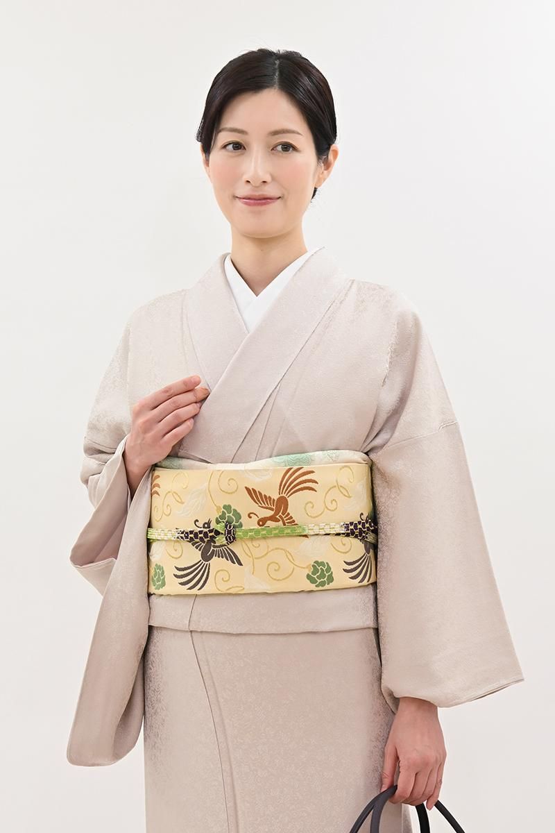 銀座【L-8590】人間国宝 喜多川俵二作 袋帯 浅黄色 鳳凰唐草の図