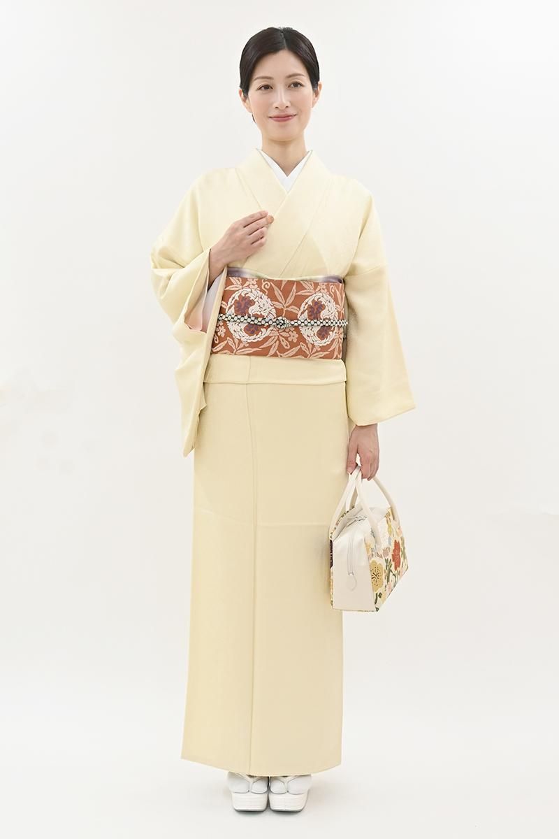 銀座【C-3369-1】色無地 薄卵色 桐竹鳳凰の地紋（反端付）（N）:身丈