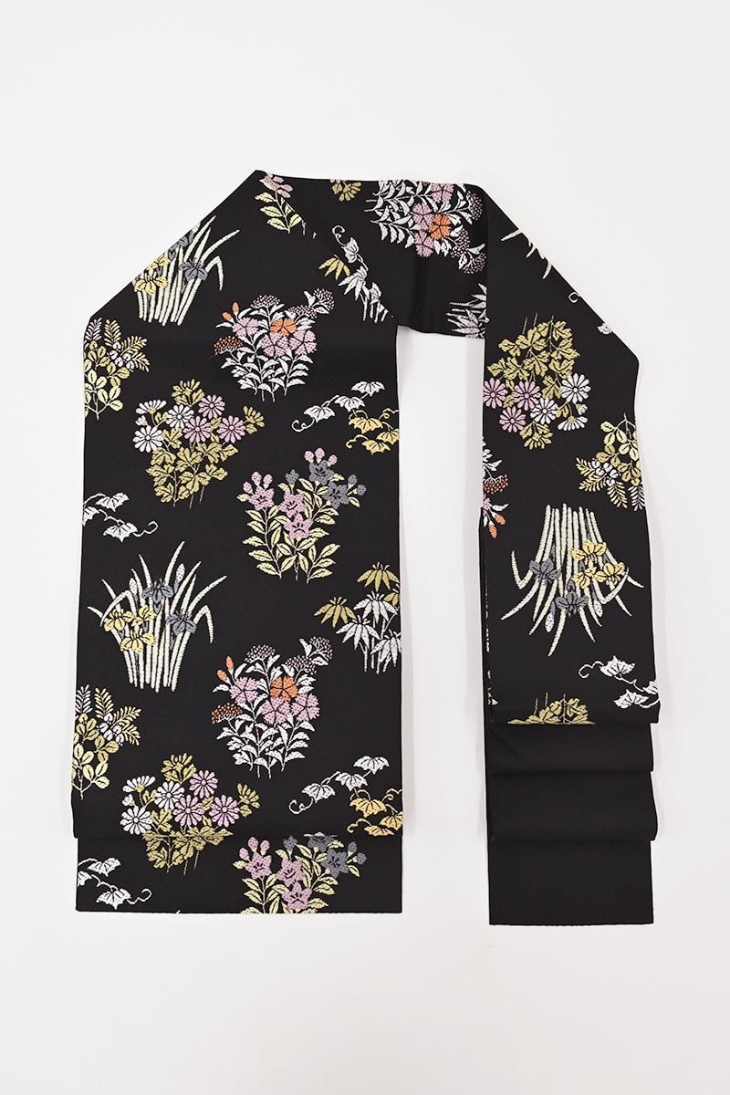 銀座【H-0887】織名古屋帯 黒色 四季花文 - 銀座きもの青木｜長く大切