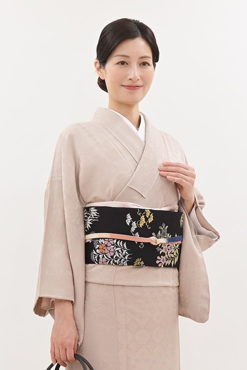 銀座【H-0887】織名古屋帯 黒色 四季花文 - 銀座きもの青木｜長く大切