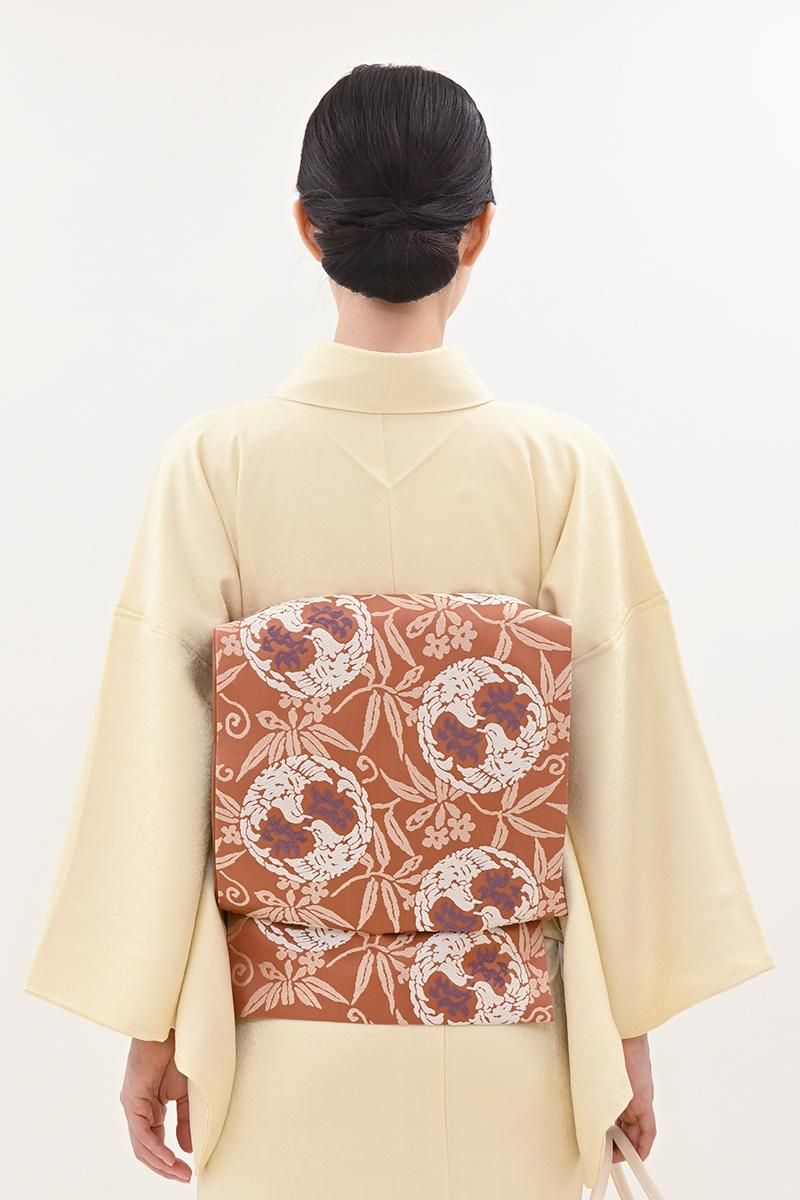 銀座【L-8591】人間国宝 喜多川俵二作 袋帯 浅緋色 双鳥文 - 銀座