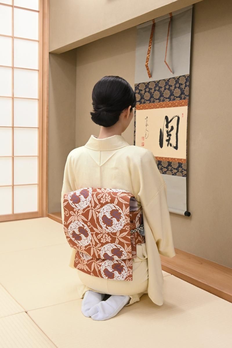 銀座【L-8591】人間国宝 喜多川俵二作 袋帯 浅緋色 双鳥文 - 銀座