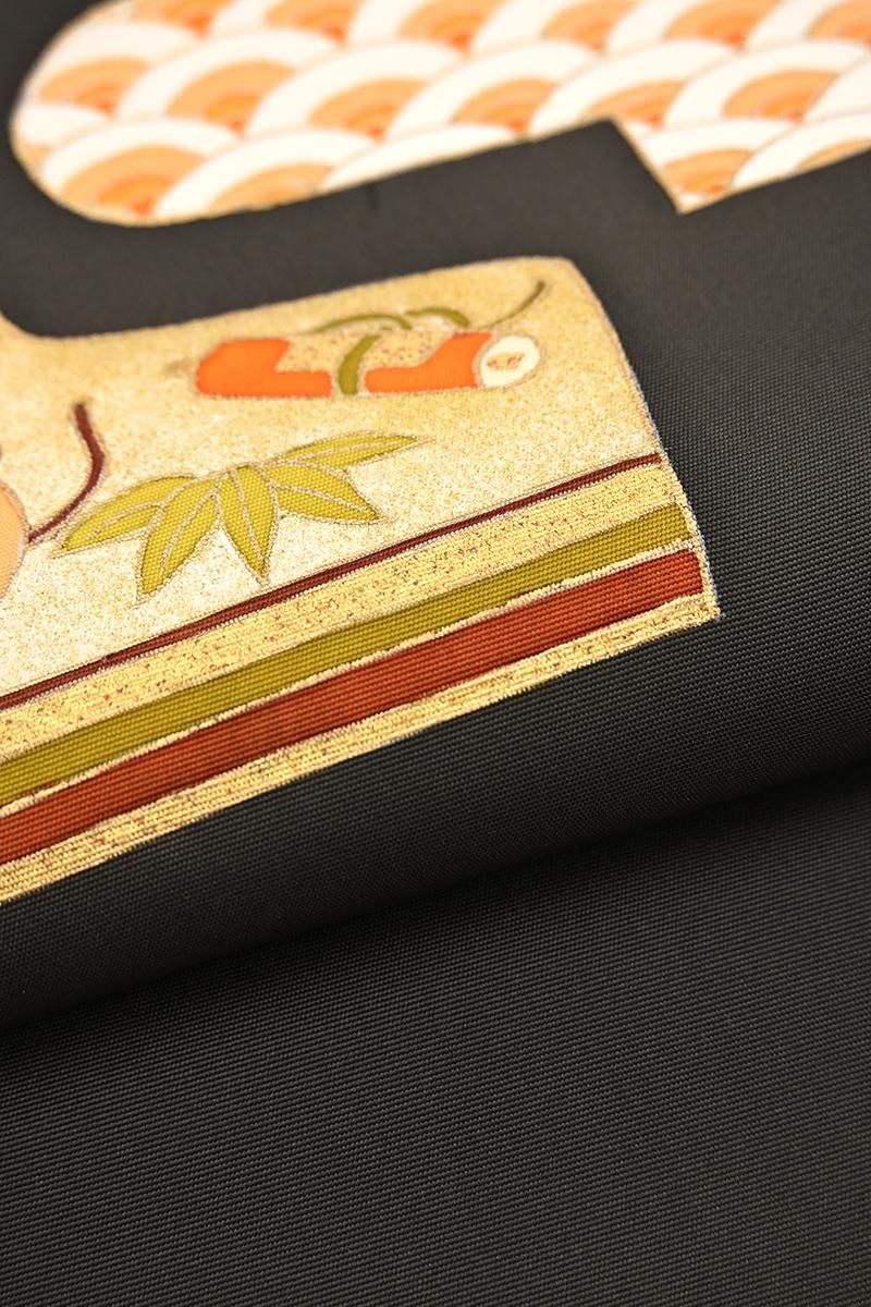 銀座【帯5860】塩瀬地 染名古屋帯 消炭色 古裂文（畳紙付） - 銀座