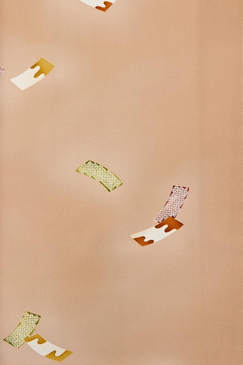 銀座【着物4684】小紋 丁子茶色 短冊散らし（余り布 畳紙付）:身丈161