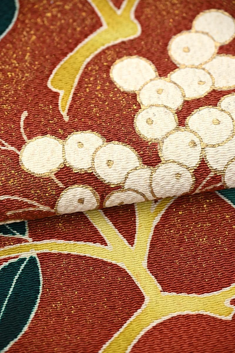 銀座【帯5865】縮緬地 二部式 染名古屋帯 茶色 南天の図 - 銀座きもの