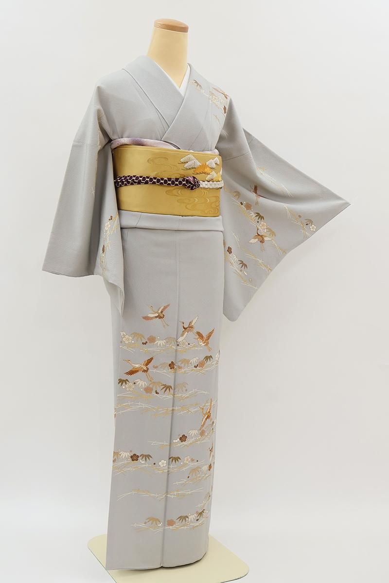 銀座【B-4371】繍一ッ紋 縮緬地 訪問着 雲井鼠色 松竹梅に鶴の図（三越