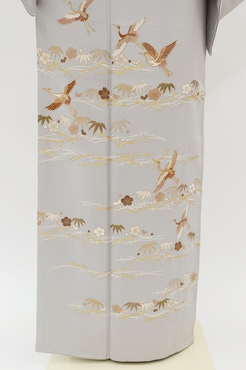銀座【B-4371】繍一ッ紋 縮緬地 訪問着 雲井鼠色 松竹梅に鶴の図（三越