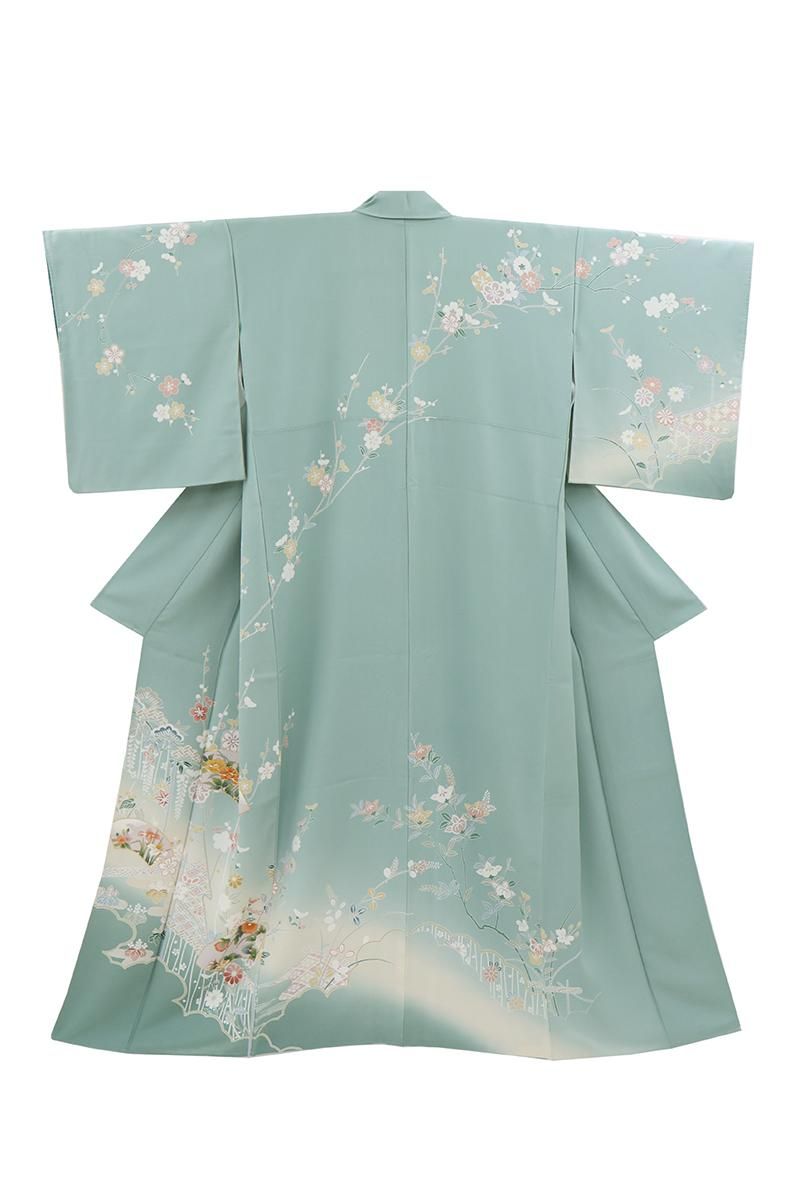 ［7184］訪問着 美品 未使用 草花文様 銀彩 ぼかし 正絹 着物 袷 お仕立済み・単衣】正絹絽付下げ（銀彩洋花）（M・L） 0017-00501 正絹