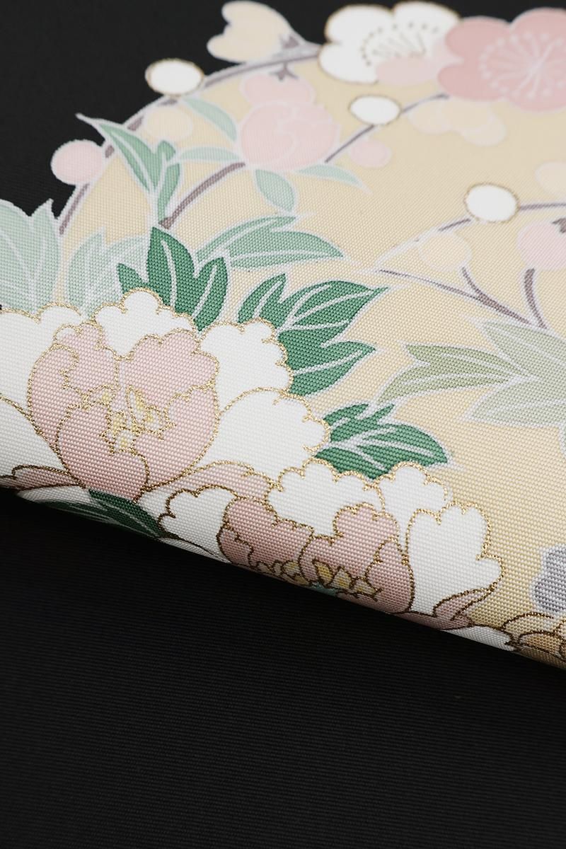 銀座【H-0902】塩瀬地 染名古屋帯 蝋色 四季花の丸（反端付） - 銀座