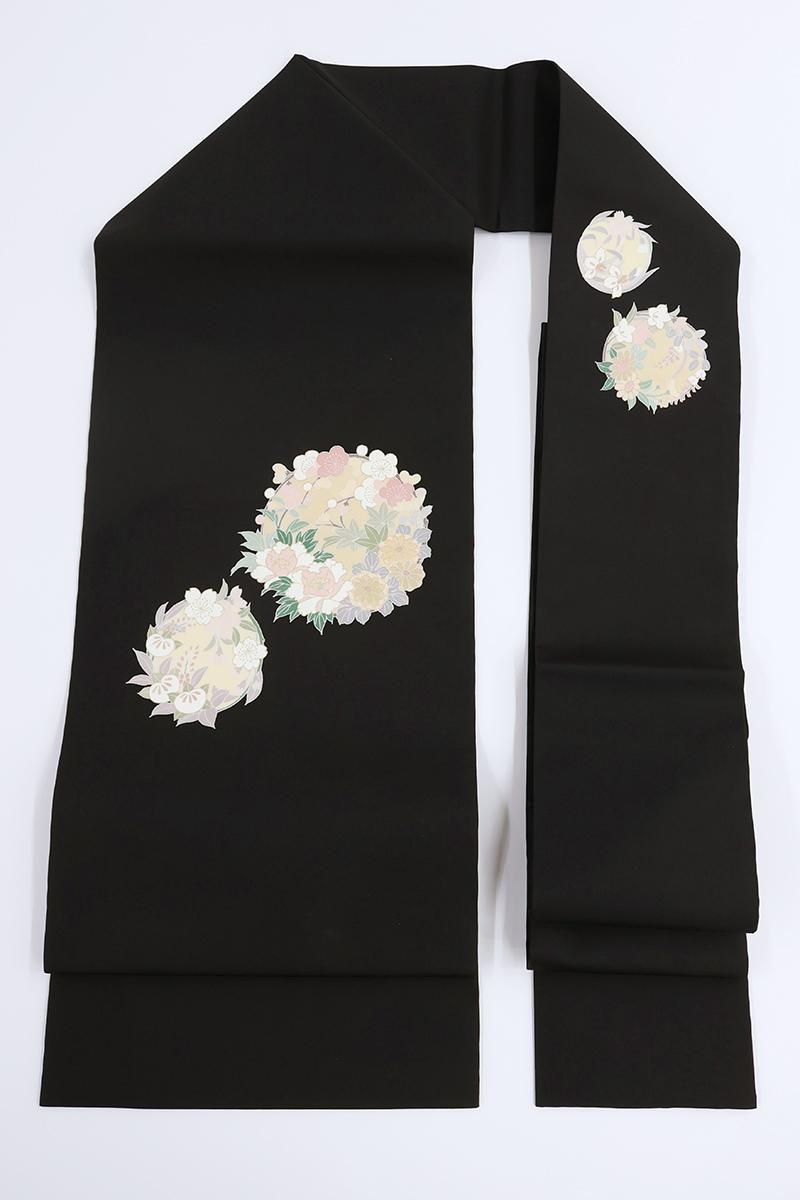 銀座【H-0902】塩瀬地 染名古屋帯 蝋色 四季花の丸（反端付） - 銀座