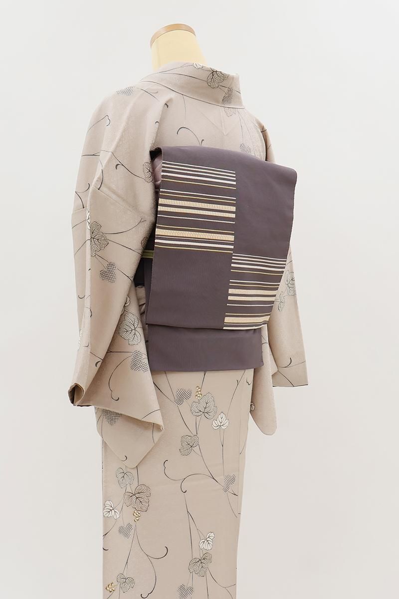 銀座【H-0904】綴れ織 開き八寸織名古屋帯 葡萄鼠色 幾何文 - 銀座