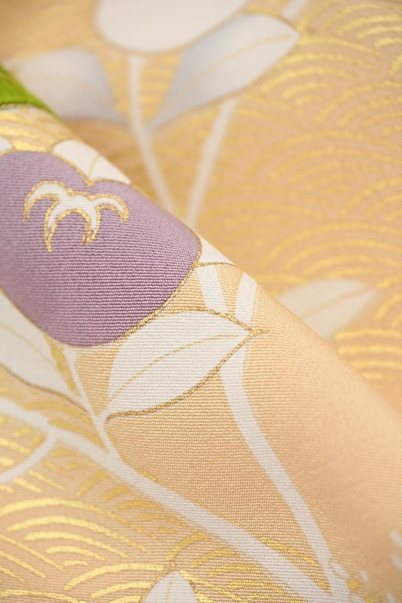 銀座【着物4688】繍一ッ紋 訪問着 淡い柑子色 橘に七宝文 :身丈164/裄