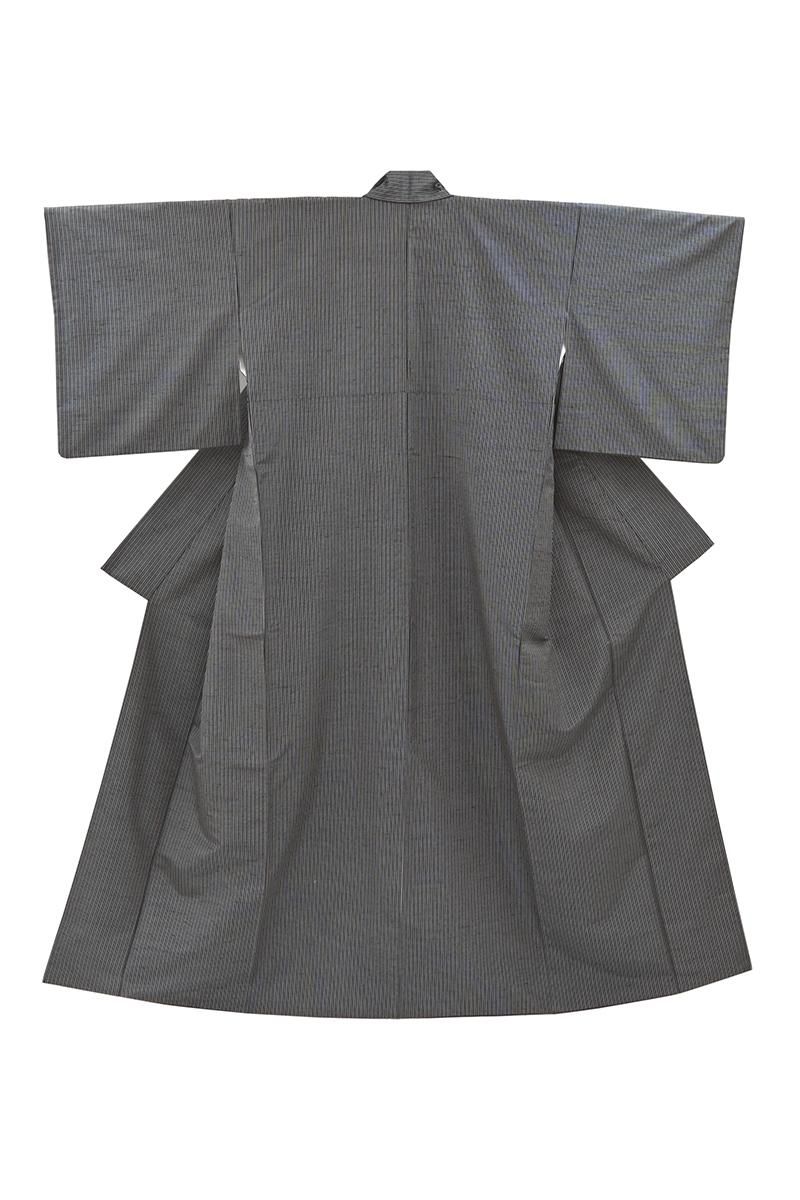 銀座【A-4195】塩沢紬 やまだ織 勝色 竪縞（証紙付） :身丈160.5/裄68