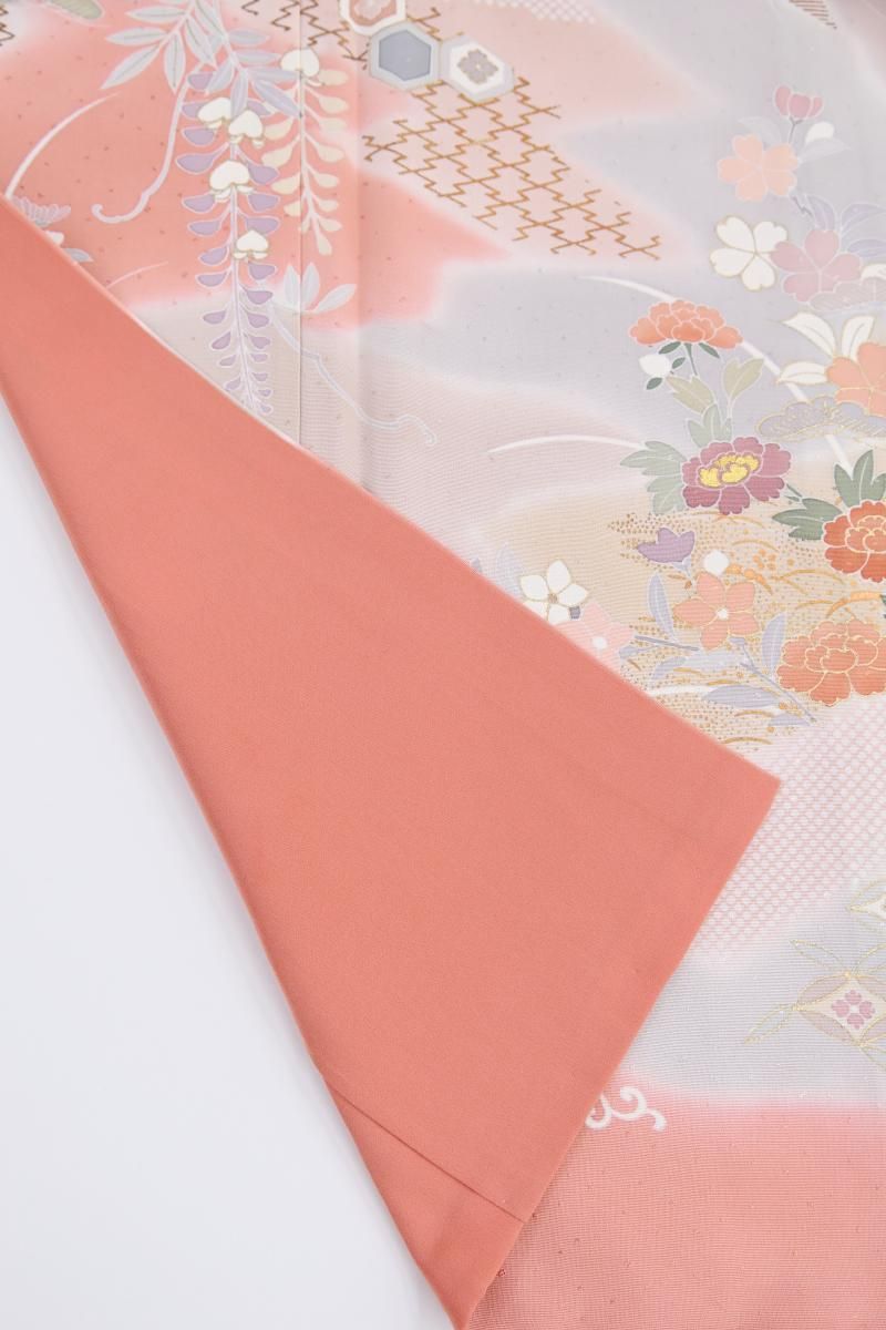 銀座【B-4382】訪問着 浅緋色 松皮菱に四季花文 :身丈157/裄66.5/細め